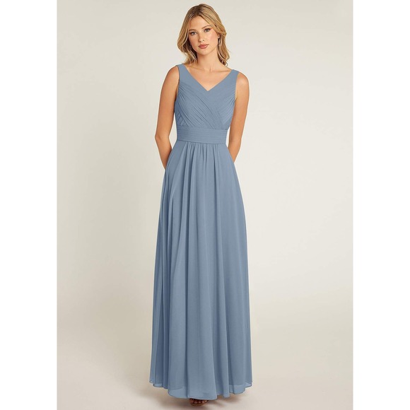 NWT $199 Davids Bridal Blue Steel Long Mesh Gown With Cowl V Neck Size 2 - Picture 6 of 6